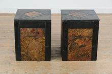 Load image into Gallery viewer, Pair Slate Stone Cube Side Tables Black Frame Multi Tone Inlay Top