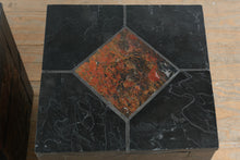 Load image into Gallery viewer, Pair Slate Stone Cube Side Tables Black Frame Multi Tone Inlay Top