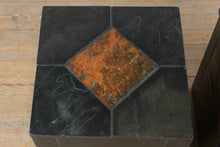 Load image into Gallery viewer, Pair Slate Stone Cube Side Tables Black Frame Multi Tone Inlay Top