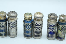 Load image into Gallery viewer, Antique Cobalt Blue Glass Salt Pepper Shakers Silver Tone Holders Lot of 8