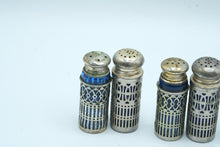 Load image into Gallery viewer, Antique Cobalt Blue Glass Salt Pepper Shakers Silver Tone Holders Lot of 8