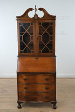 Load image into Gallery viewer, Mahogany Secretary Desk with Bookcase Hutch and Chippendale Style Fretwork Doors