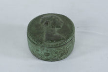 Load image into Gallery viewer, Spanish Art Pottery Trinket Box Green Patina Cameo Portrait Lidded Box
