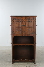 Load image into Gallery viewer, Vintage Spanish Revival Carved Wood Bar Cabinet with Open Shelving