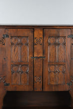 Load image into Gallery viewer, Vintage Spanish Revival Carved Wood Bar Cabinet with Open Shelving