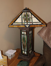 Load image into Gallery viewer, Mission-Style Table Lamp with Geometric Shade – Stained-Glass Look