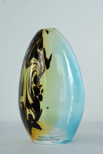 Load image into Gallery viewer, Hand Blown Art Glass Vase Blue Green Amber Swirl Studio Style 15.5 Inch