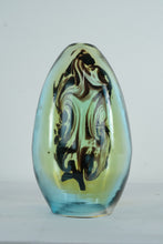 Load image into Gallery viewer, Hand Blown Art Glass Vase Blue Green Amber Swirl Studio Style 15.5 Inch