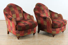 Load image into Gallery viewer, Stanford Furniture Upholstered Lounge Chairs Pair Red and Brown Plaid Barrel Armchairs