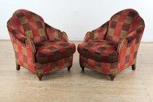 Load image into Gallery viewer, Stanford Furniture Upholstered Lounge Chairs Pair Red and Brown Plaid Barrel Armchairs