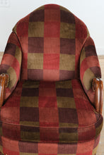 Load image into Gallery viewer, Stanford Furniture Upholstered Lounge Chairs Pair Red and Brown Plaid Barrel Armchairs