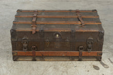 Load image into Gallery viewer, Antique Flat Top Steamer Trunk Wood Slats Leather Straps Removable Tray 33 Inch
