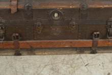 Load image into Gallery viewer, Antique Flat Top Steamer Trunk Wood Slats Leather Straps Removable Tray 33 Inch