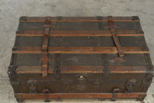 Load image into Gallery viewer, Antique Flat Top Steamer Trunk Wood Slats Leather Straps Removable Tray 33 Inch