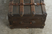 Load image into Gallery viewer, Antique Flat Top Steamer Trunk Wood Slats Leather Straps Removable Tray 33 Inch