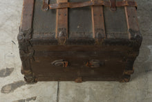 Load image into Gallery viewer, Antique Flat Top Steamer Trunk Wood Slats Leather Straps Removable Tray 33 Inch