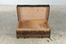 Load image into Gallery viewer, Antique Flat Top Steamer Trunk Wood Slats Leather Straps Removable Tray 33 Inch
