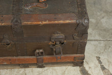 Load image into Gallery viewer, Antique Flat Top Steamer Trunk Wood Slats Leather Straps Removable Tray 33 Inch