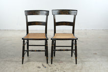Load image into Gallery viewer, Antique Hitchcock Style Black Gold Floral Stenciled Cane Seat Chairs Pair