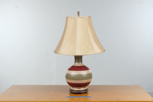 Load image into Gallery viewer, Striped Ceramic Table Lamp Burgundy Olive Green Wood Base 27 Inch