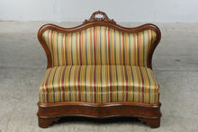 Load image into Gallery viewer, Small Victorian-Style Carved Wood Parlor Settee with Striped Upholstery