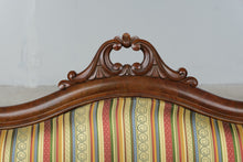 Load image into Gallery viewer, Small Victorian-Style Carved Wood Parlor Settee with Striped Upholstery