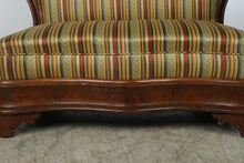 Load image into Gallery viewer, Small Victorian-Style Carved Wood Parlor Settee with Striped Upholstery