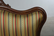 Load image into Gallery viewer, Small Victorian-Style Carved Wood Parlor Settee with Striped Upholstery