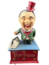 Load image into Gallery viewer, Cast Iron “Stump Speaker” Mechanical Bank – 10” Tall Collectible