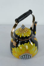 Load image into Gallery viewer, MacKenzie-Childs Sunflower 2-Quart Tea Kettle – Handcrafted Enamelware with Checkered Detailing