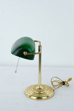 Load image into Gallery viewer, Vintage Brass Banker’s Desk Lamp with Green Glass Shade – Pull Chain Library Lamp – Classic Office Lighting