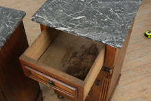 Load image into Gallery viewer, Pair of Antique German Marble Top Nightstands with Burl Veneer Doors