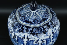 Load image into Gallery viewer, Blue & White Porcelain Ginger Jar with Lid – 11" Tall • Floral & Scroll Motif • Classic Decorative Temple Jar