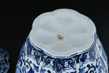 Load image into Gallery viewer, Blue & White Porcelain Ginger Jar with Lid – 11" Tall • Floral & Scroll Motif • Classic Decorative Temple Jar