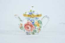 Load image into Gallery viewer, Floral Porcelain Teapot Hinged Trinket Box Gold Tone Trim Miniature 3 Inch