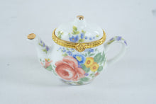 Load image into Gallery viewer, Floral Porcelain Teapot Hinged Trinket Box Gold Tone Trim Miniature 3 Inch