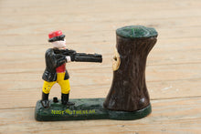 Load image into Gallery viewer, Antique Cast Iron Teddy and the Bear Mechanical Coin Bank J E Stevens 1907