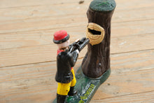 Load image into Gallery viewer, Antique Cast Iron Teddy and the Bear Mechanical Coin Bank J E Stevens 1907