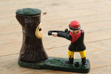 Load image into Gallery viewer, Antique Cast Iron Teddy and the Bear Mechanical Coin Bank J E Stevens 1907