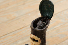 Load image into Gallery viewer, Antique Cast Iron Teddy and the Bear Mechanical Coin Bank J E Stevens 1907