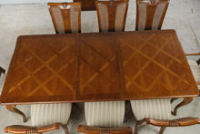 Load image into Gallery viewer, Thomasville Solid Wood Dining Table with 8 Cane Back Chairs and 2 Leaves