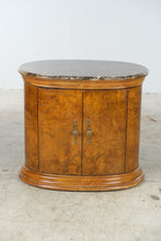 Load image into Gallery viewer, Thomasville Burl Wood and Marble Oval Nightstand Cabinet