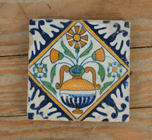 Load image into Gallery viewer, Antique Dutch Delft Polychrome Tile – Hand-Painted Floral Vase Design, 17th–18th Century Tin-Glazed Earthenware (5.25")