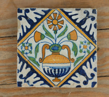 Load image into Gallery viewer, Antique Dutch Delft Polychrome Tile – Hand-Painted Floral Vase Design, 17th–18th Century Tin-Glazed Earthenware (5.25")