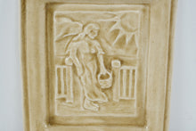 Load image into Gallery viewer, Cream Glazed Ceramic Relief Tile Woman with Basket Sun Garden Scene 8 Inch
