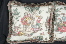 Load image into Gallery viewer, Pair of French Country Toile Throw Pillows 16 Inch Decorative Fringe Trim