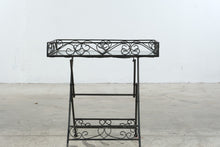 Load image into Gallery viewer, Folding Wrought Iron Style Glass Top Tray Table Black Scrollwork 22 Inch
