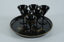 Load image into Gallery viewer, Japanese Lacquerware Sake Cup & Tray Set – Black with Gold Pagoda Motif – 7-Piece Set