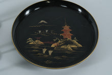 Load image into Gallery viewer, Japanese Lacquerware Sake Cup & Tray Set – Black with Gold Pagoda Motif – 7-Piece Set