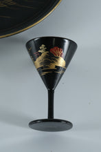Load image into Gallery viewer, Japanese Lacquerware Sake Cup & Tray Set – Black with Gold Pagoda Motif – 7-Piece Set